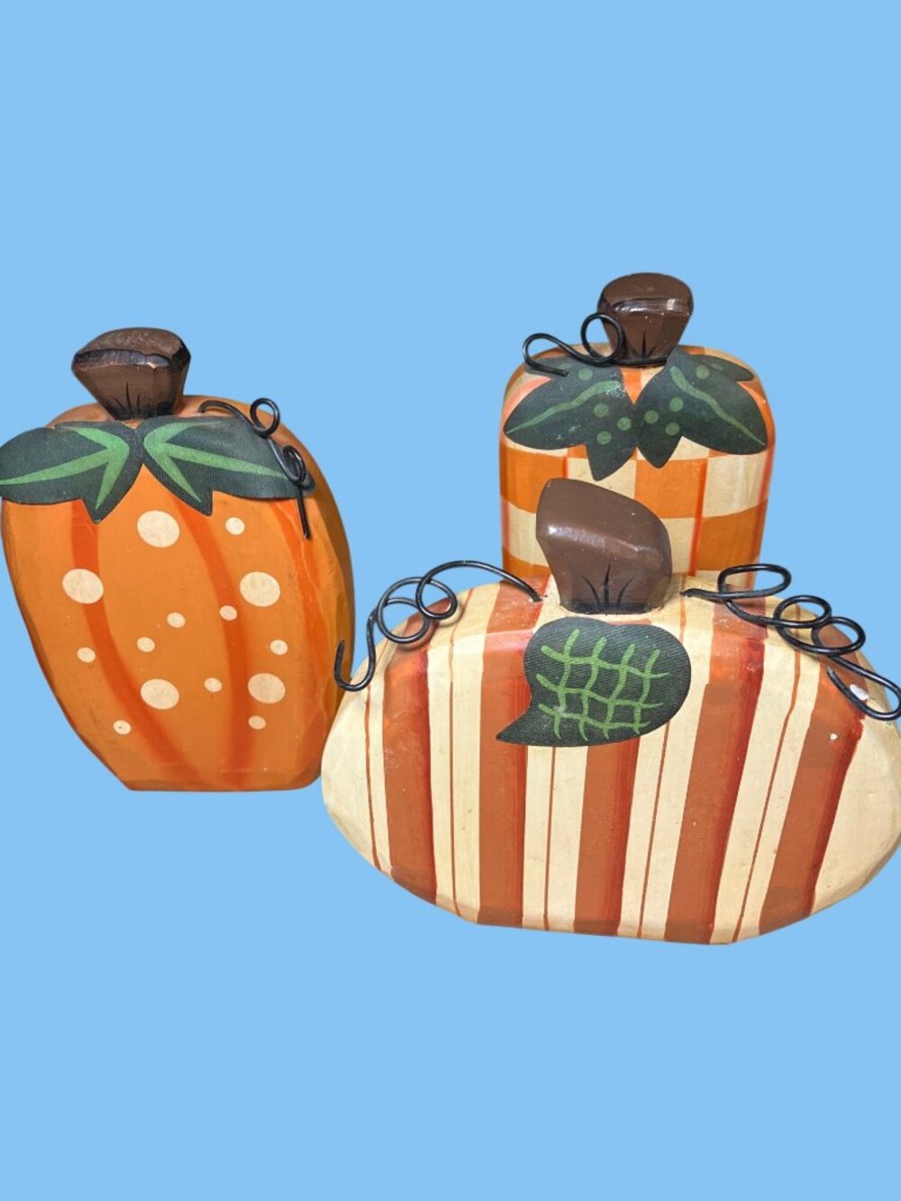 Handcrafted Wooden Pumpkin Set With Painted Stripes and Polka Dots - Picture 6 of 10